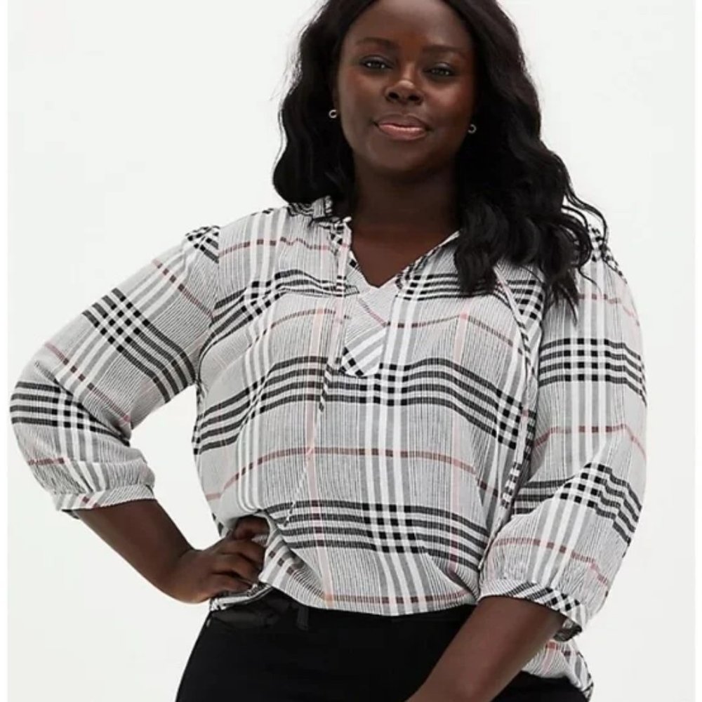 Torrid Black & Peach Plaid Twill Tie Peasant Blouse Sz 1X